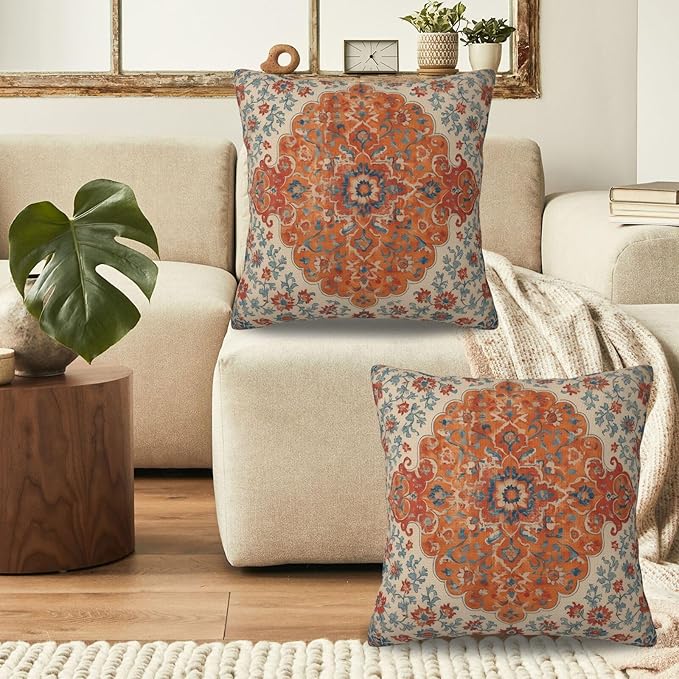 Burnt Orange Blue Boho Pillow Covers 18x18 Inch Set of 2, Vintage Ethnic Carpet Rust Floral Decorative Throw Pillow Cases Fall Outdoor Rustic Cushion Covers Home Decor for Living Room Sofa Couch Bed