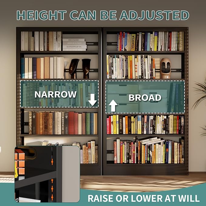 71" Metal Book Shelf, 5 Tier Bookshelf with Adjustable Shelves, Bookshleves and Bookcases, Heavy Duty Library Book Case, Expandable Combination Bookshelf (Black, 72.8" W)