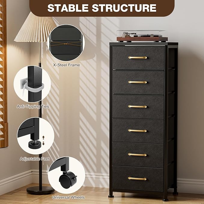 Tall Dresser with 6 Drawers, Chest of Drawers with Fabric Bins, Storage Organizer Tower with Wood Top & Steel Frame for Bedroom, Living Room and Entryway - Black