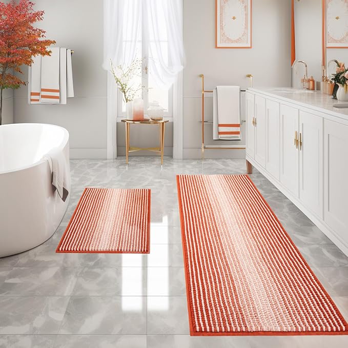 Bathroom Rugs and Mats Sets, 2 Piece Thick Absorbent Chenille Bath Mat Rug Set Non Slip, Soft Shaggy Bath Room Floor Mats for Bathroom, Machine Washable (Sunset Orange, 20" x 60" Plus 20" x 32")