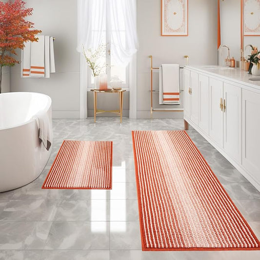 Bathroom Rugs and Mats Sets, 2 Piece Thick Absorbent Chenille Bath Mat Rug Set Non Slip, Soft Shaggy Bath Room Floor Mats for Bathroom, Machine Washable (Sunset Orange, 20" x 60" Plus 20" x 32")