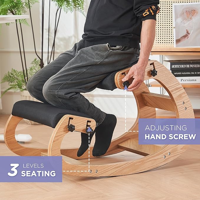 Ergonomic Kneeling Chair,Adjustable Rocking Knee Chair for Home Office,Wooden Office Chair for Back Pain Relief,Black