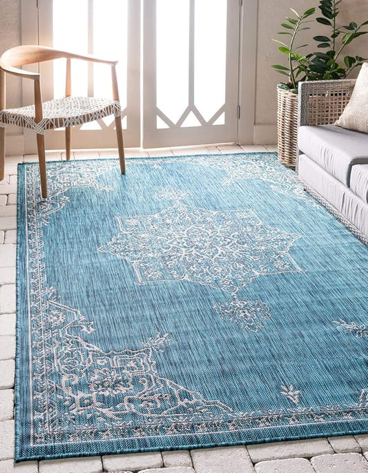Unique Loom Outdoor Traditional Collection Area Rug - Antique (7' 1" x 10' Rectangle, Teal/ Gray)