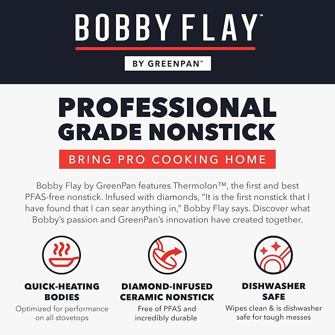 GreenPan x Bobby Flay 2 Piece- 8” and 10” Nonstick Frying Pan Skillet Set, PFAS-Free Diamond Ceramic, Induction Suitable, Stay-Cool Silicone Handle, Easy Clean Dishwasher & Oven Safe, Cream