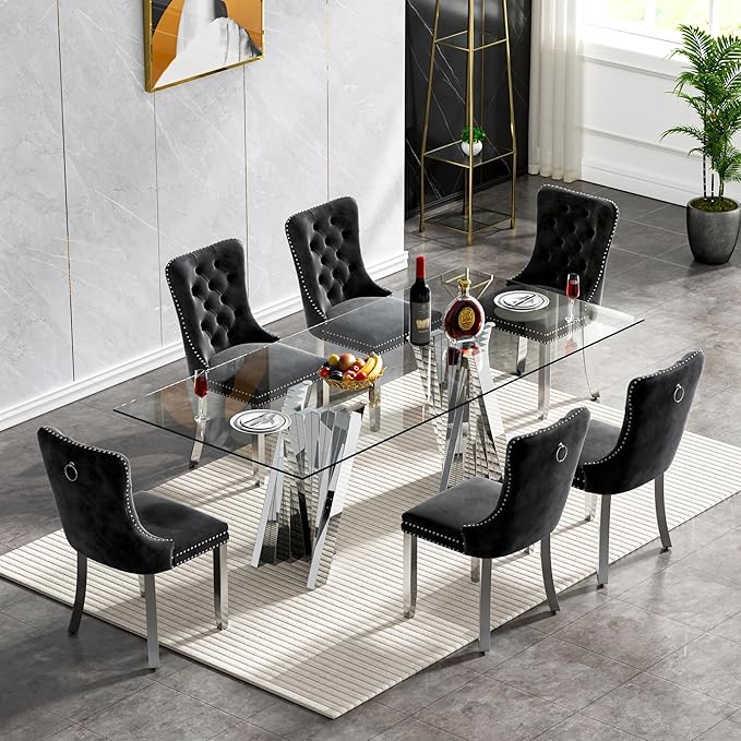 Goujxcy Modern 7 Piece Glass Dining Table Set Luxury Glass Kitchen Table and Chair Set for 6, 70" Large Rectangular Dining Room Table with 6 Tufted Chairs and Stainless Steel Legs (Silver & Black)