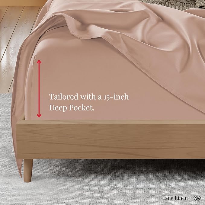 LANE LINEN Queen Sheet Sets – Natural 100% Cotton 600 Thread Count Cooling Sheets Queen, Soft Comfort for Restful Sleep, Easy Care & Machine Washable for Everyday Use, 15" Deep Pocket – Sepia Rose
