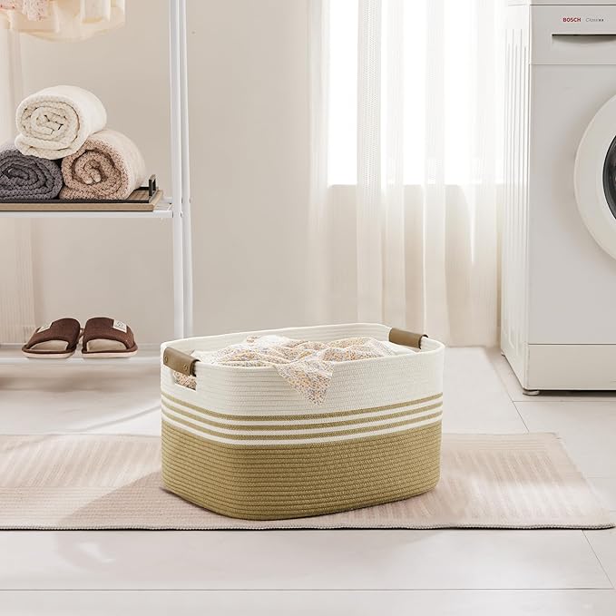 Laundry basket with leather handles for clothes,blankets,pillows,toys,towels,suitable for bedrooms and living rooms,cotton woven laundry hamper,extra large gift basket,18"x14"x11",Khaki