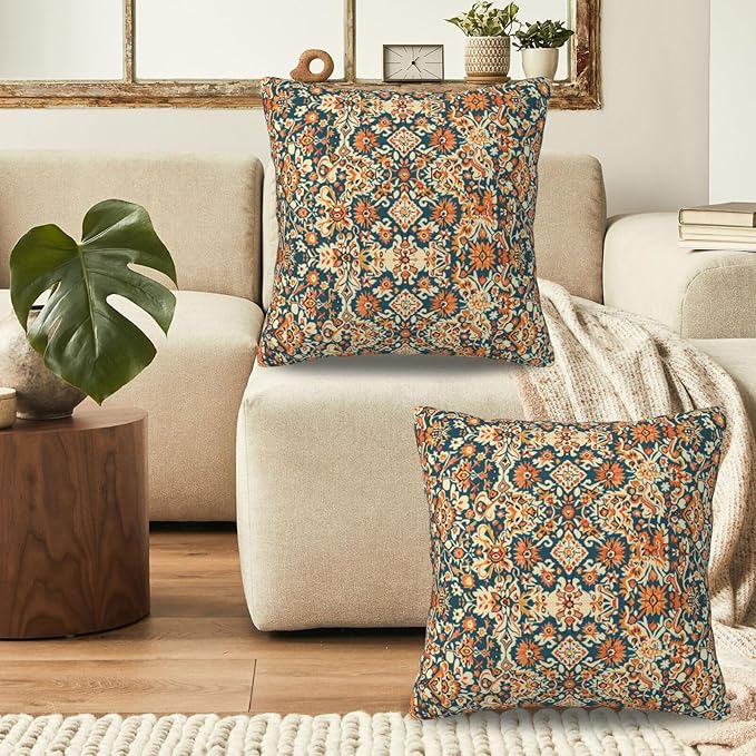 Navy Blue Orange Carpet Pattern Pillow Covers 20x20 Inch Set of 2, Boho Ethnic Style Fall Outdoor Decorative Throw Pillows Vintage Cushion Covers for Sofa Bed Couch Living Room Decor
