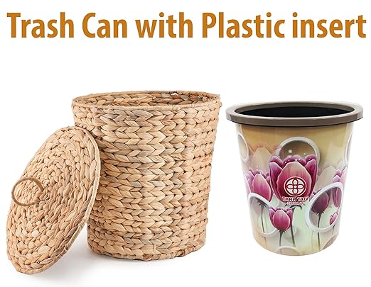 KOLWOVEN Wicker Trash Can with Lid in Bedroom, Bathroom - Trash Can in Office - Boho Woven Wicker Waste Basket - Office Garbage Cans for Under Desk (Water Hyacinth, Medium (D11 X H11))