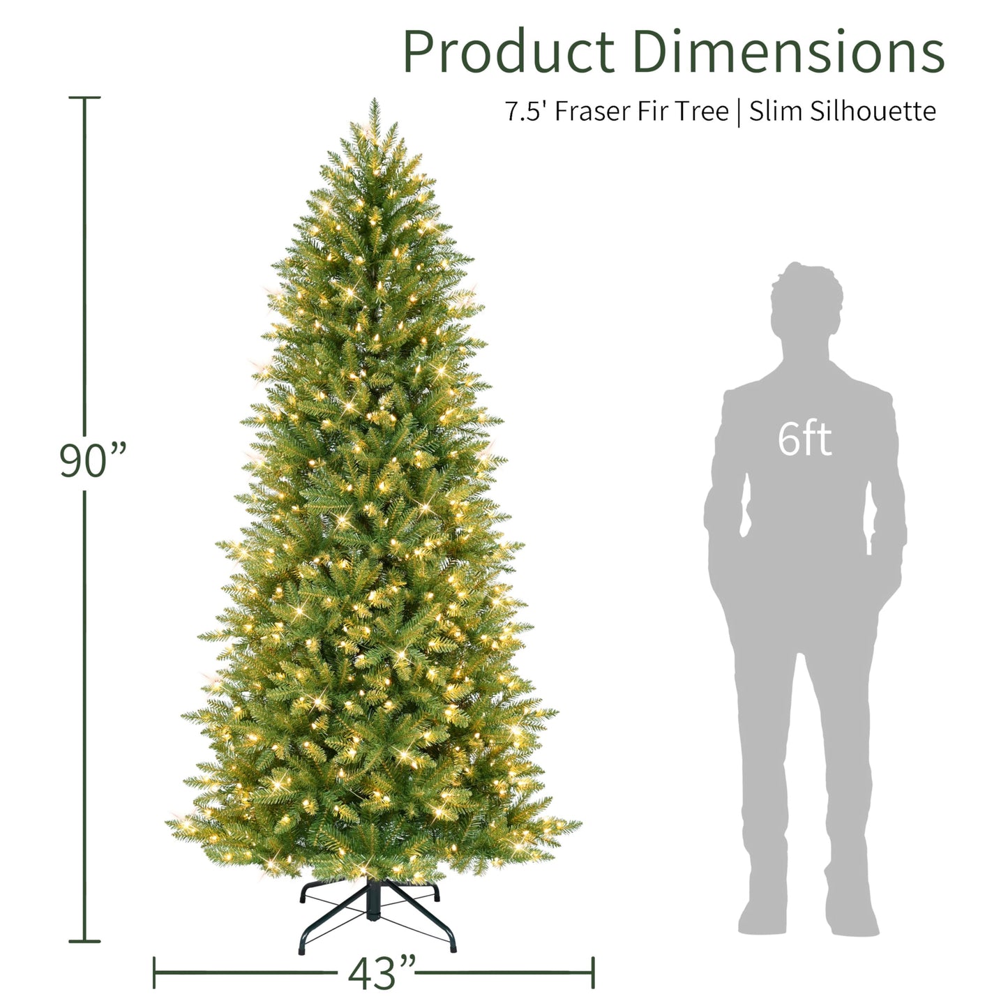 Puleo International 9ft Pre-Lit Slim Fraser Christmas Tree with 800 Clear Lights, 2093 Realistic Dense Branch Tips, Easy Setup Artificial Trees with Sturdy Metal Stand