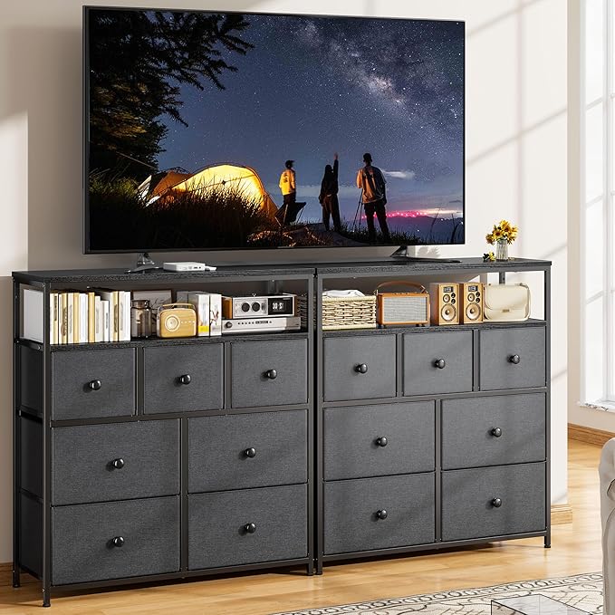 EnHomee Tv Stand for Bedroom with 7 Fabric Dressers and 2 Shelves，Dressers & Chests of Drawers for Closet，Hallway，Entryway，Dormitory，Clothes Storage，Grey