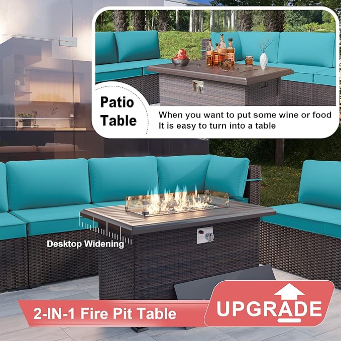 Kurapika 11 Pieces Patio Furniture Set, Rattan Wicker Outdoor Conversation Sets w/43in Propane Fire Pit Table and 4 Inch Cushion(Blue)