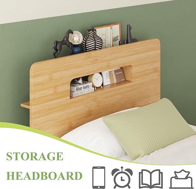 ZIYOO Solid Bamboo Wood Twin XL Bed Frame with Storage Headboard, 14 inch Platform Twin XL Bed Frames No Box Spring Needed with Steel Slats, Sturdy and Stable, Easy Assembly, Noise Free