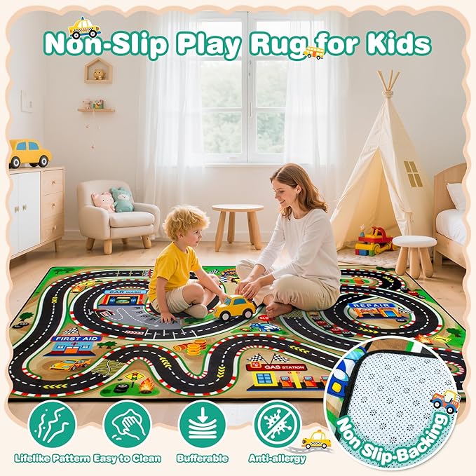 Kids Rug, Race Track Baby Play Mats, 3x5 Ft Kids Rug for Playroom,Extra Thick (0.4in) Realistic 3D Cascading Surround Route, Great for Playing with Cars and Toys, Non-Slip Car Carpet