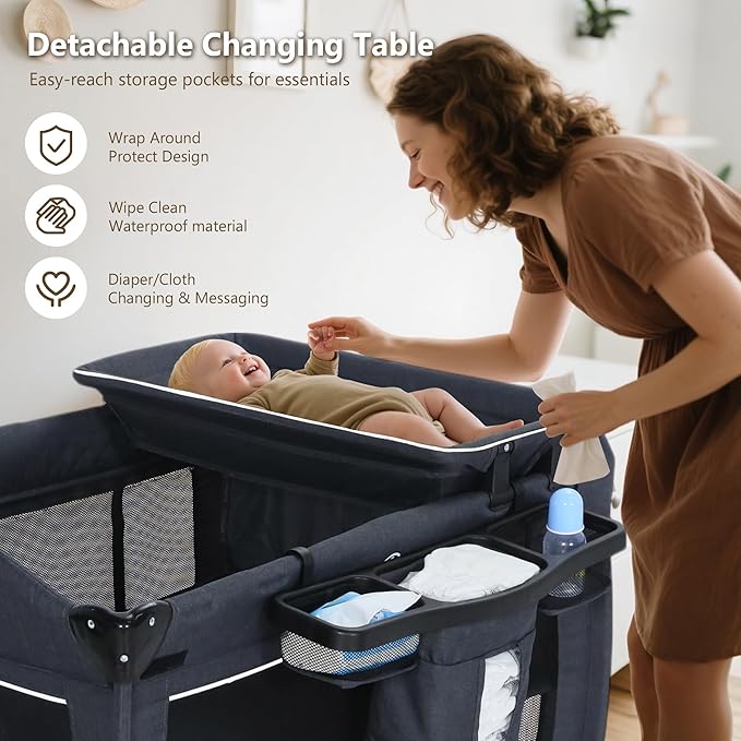 Kinder King 4 in 1 Foldable Pack n Play with Bassinet & Changing Table, Portable Nursery Center for Babies and Toddlers, Convertible Newborn Crib Baby Bed with Toys & Canopy, Storage Bag, Dark Gray