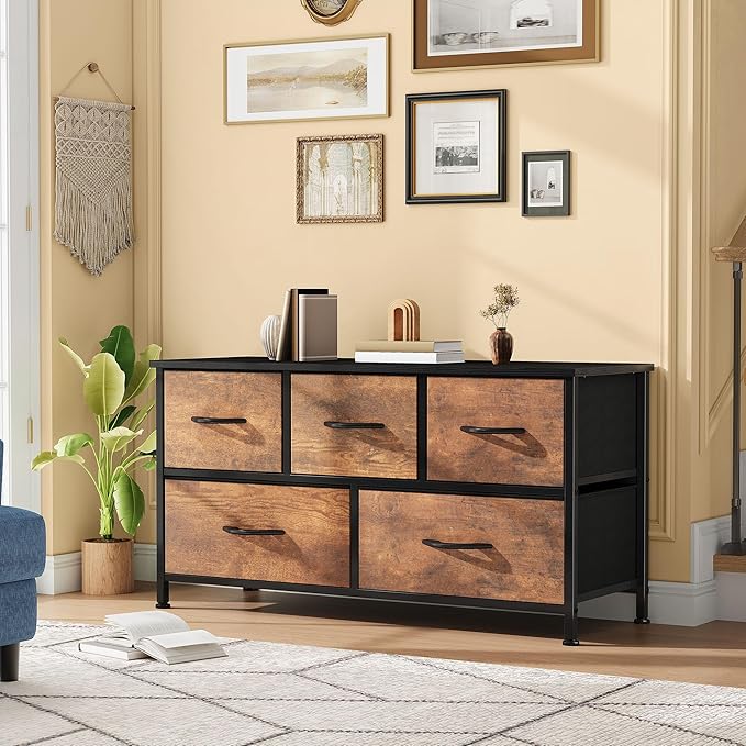 DWVO Dresser for Bedroom with 5 Drawers - Fabric Storage Tower, Long Fabric Dresser, Organizer Unit for Bedroom, Closet, Hallway