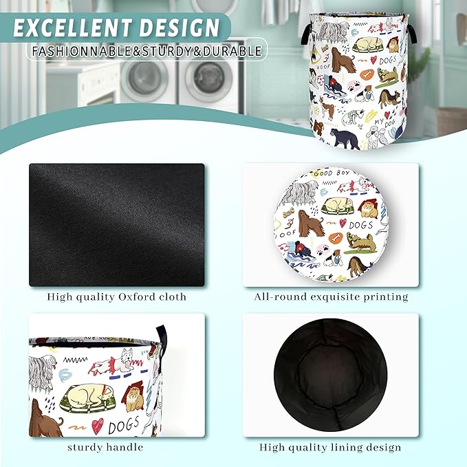 Cute Dogs Laundry Basket Foldable Oxford Cloth Colorful Animals Dog Laundry Hamper With Handle Portable Clothes Storage Basket 18.9 X 16.5 Inch Storage Bag For Laundry Room/Bathroom/Bedroom