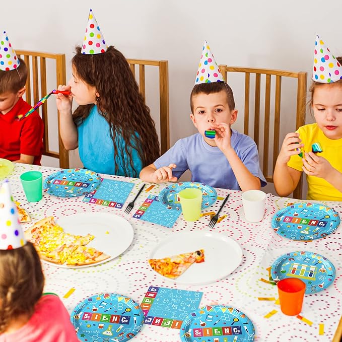 Wiooffen 96 Pcs Science Party Plates Napkins Tableware Set Mad scientist Supplies Disposable Dinnerware Little Scientist Decoration Favors for Kids, 24 Guests
