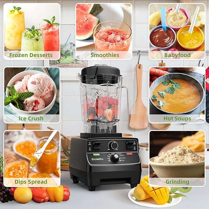 Biolomix Professional Smoothie Blender, 2200W High Power with 68oz Pitcher, Smart Presets, Blender for Kitchen, Ice, Soup (Extra Parts + 600ML Grinding Cups)