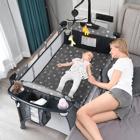 Bedside Bassinet for Baby, Portable Baby Crib with Mosquito Net, Mattress, Diaper Changer, Playpen for Newborn to Toddles, Pack and Play with Bassinet, 5 in 1 Bedside Crib