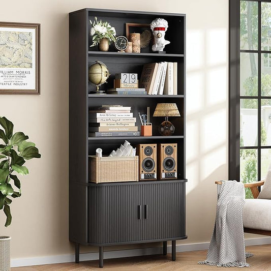 71" Tall Bookshelf, 4-Tier Bookcase with Storage Cabinet & Adjustable Shelves, Floor Standing Wooden Bookshelf with Sliding Door and Adjustable Footpad, for Home Office, Living Room, Black