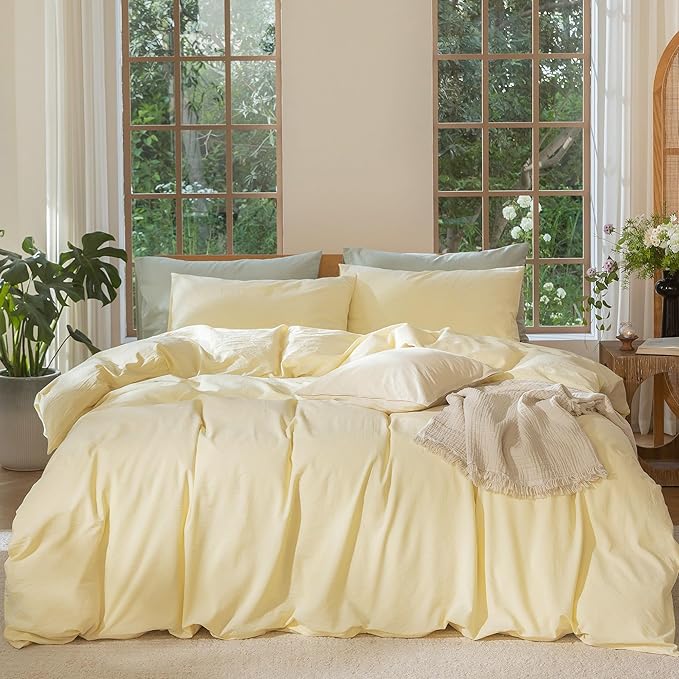 MooMee Bedding Duvet Cover Set 100% Washed Cotton Linen Like Textured Breathable Durable Soft Comfy (Heathered Butter Yellow, Queen 90"x90")
