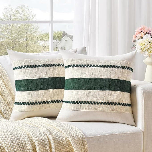 Fancy Homi Set of 2 Dark Green Boho Euro Decorative Throw Pillow Covers 26x26 Inch for Couch Bed Sofa Bedroom Indoors, Modern Farmhouse Vintage Forest Green Living Room Decor