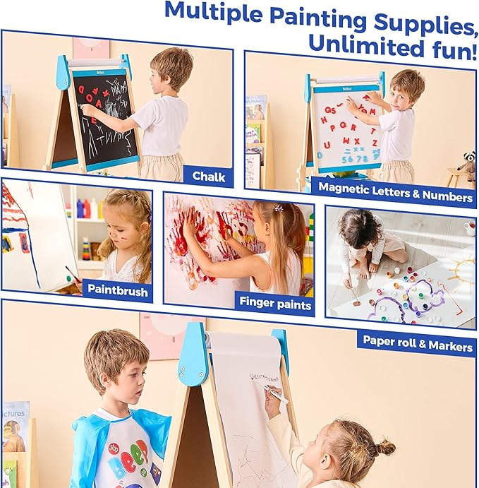 All-in-One Art Easel for Kids, Adjustable Double Sided Wooden Easel for Toddlers with Magnetic Whiteboard & Chalkboard, Paper Roll, Art Supplies, Child Painting Easel for Kid 2-8 Birthday Gift