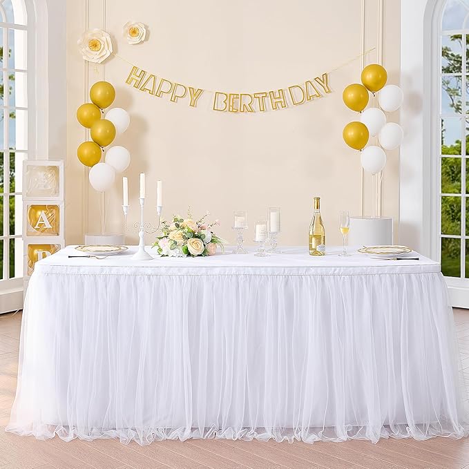 Suppromo 6ft White Tulle Table Skirt for Rectangle Tables or Round Tables Tutu Table Skirt White Ruffle Table Cloths for Wedding Bridal Shower Birthday Party Desk Skirt Decorations