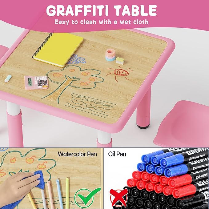 Brelley Kids Table and 2 Chairs Set, Height Adjustable Toddler Desk and Chair Set, Graffiti Desktop, Classroom/Daycare/Home, Children Multi-Activity Table for Ages 2-8