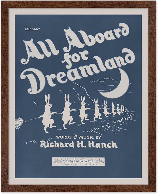 Poster Master All Aboard For Dreamland Poster - Retro Children's Lullaby Print - Story Book Art - Bunny Art - Rabbit Art - Aesthetic Art - Kid's Bedroom or Nursery Wall Decor, 16x20 Brown Framed