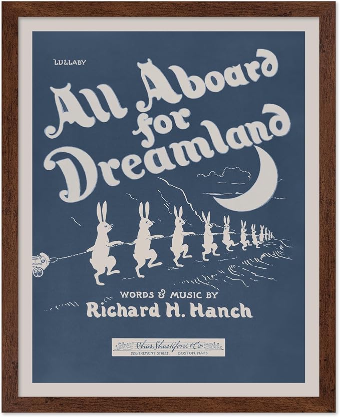 Poster Master All Aboard For Dreamland Poster - Retro Children's Lullaby Print - Story Book Art - Bunny Art - Rabbit Art - Aesthetic Art - Kid's Bedroom or Nursery Wall Decor, 8x10 Brown Framed