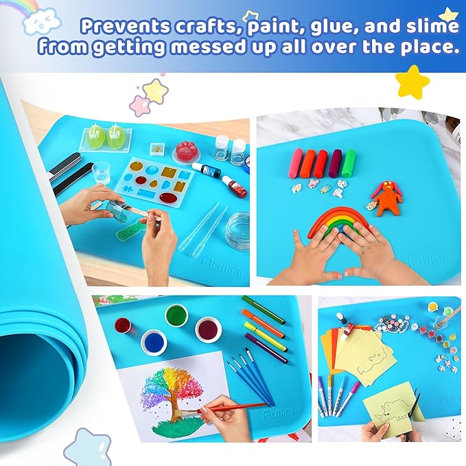 Silicone Craft Mats for Kids 24"x16"– with Raised Lip & Non-Slip | Reusable Silicone Art Mat for Play Sand, Painting, DIY Crafts | Durable Design (Blue)