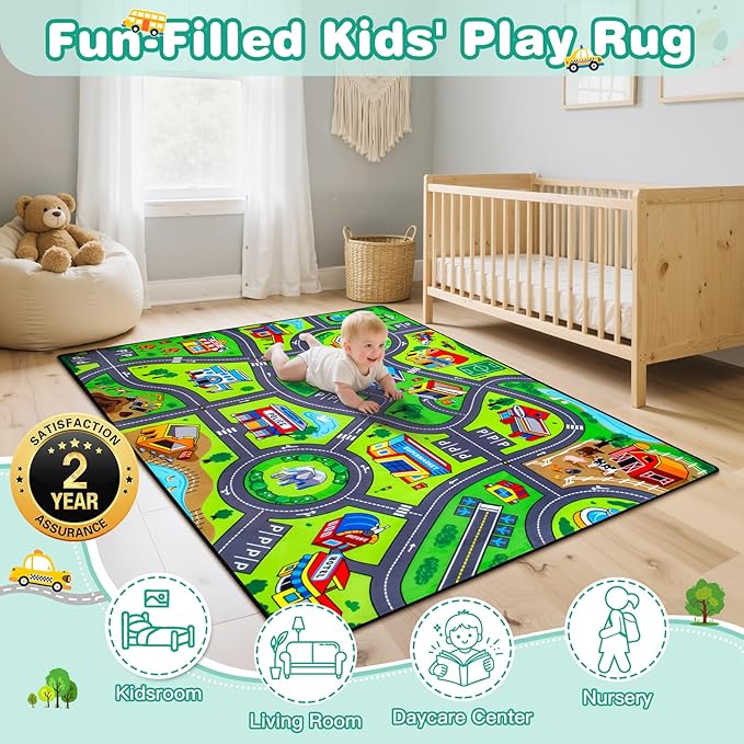 Road Car Rug, 4x6 Ft City Road Rug for Kids, Extra Thick (0.4in) Kids Floor Play Mat and Car Carpet with Realistic Colors - Perfect for Children, Soft and Non-Slip for Playroom and Bedroom