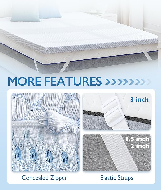 SINWEEK 3 Inch Full Size Cooling Memory Foam Mattress Topper for Pressure Relief, Thick Bed Mattress Pad with Cooling Soft Cover and Adjustable Straps, CertiPUR-US Certified