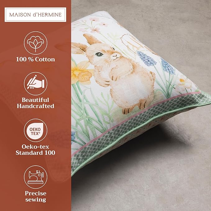 Maison d' Hermine Decorative Cushion Cover 100% Cotton 20"x20" Throw Couch Cover Washable Square Pillowcases with Invisible Zipper for Sofa, Couch, Bedroom, Easter Dew
