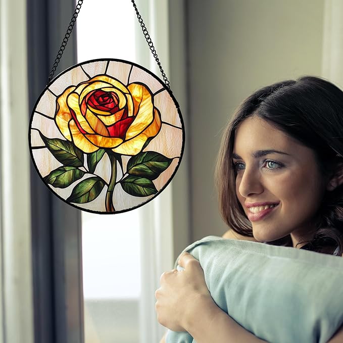 Stained Glass Window Hanging - Elegant Yellow Rose Flower Sun Catcher for Door Garden Home Decor Suncatcher Christmas Mother's Day Birthday Gifts for Women Mom Girl Nana Friend 7.8 in