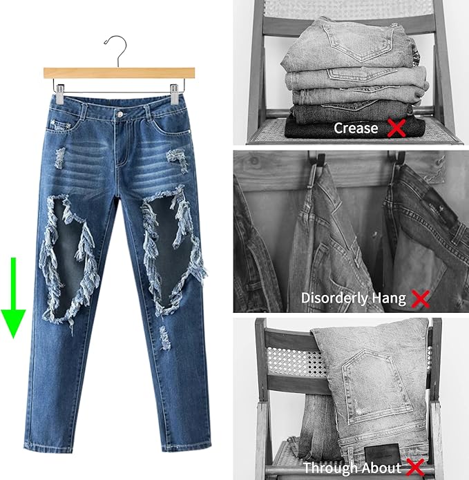 Nature Smile Solid Lotus Wood Deluxe Wooden Pants Hangers Bottom Hanger Jeans Hanger Skirt Hanger with 2-Adjustable Clips Anti-Rust Hook Pack of 10 (Natural)