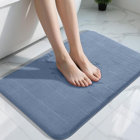 Yimobra Memory Foam Bath Mat, Super Soft Absorbent Bathroom Rug Non Slip 31.5x20 Inch, Quick Dry, Machine Washable Floor Carpet for Tub Shower, Home Decor Accessories, Denim Blue