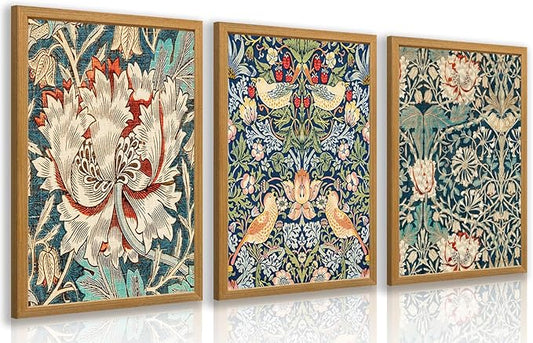 FASWQ Wood Framed William Morris Wall Art, Nouveau Vintage Botanical Wall Decor, Retro Intricate Floral Animal Canvas Painting, Retro Natural Flower Bird Poster Print for Living Room Bedroom 12"x16"x3