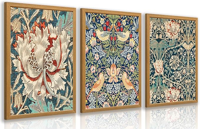 FASWQ Wood Framed William Morris Wall Art, Nouveau Vintage Botanical Wall Decor, Retro Intricate Floral Animal Canvas Painting, Retro Natural Flower Bird Poster Print for Living Room Bedroom 16"x24"x3