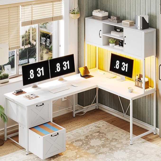 SEDETA White L Shaped Office Desk, Farmhouse Home Office Desk with Fabric File Drawers and Power Outlet, Corner Gaming Desk with LED Lights, Hutch and Storage Shelves
