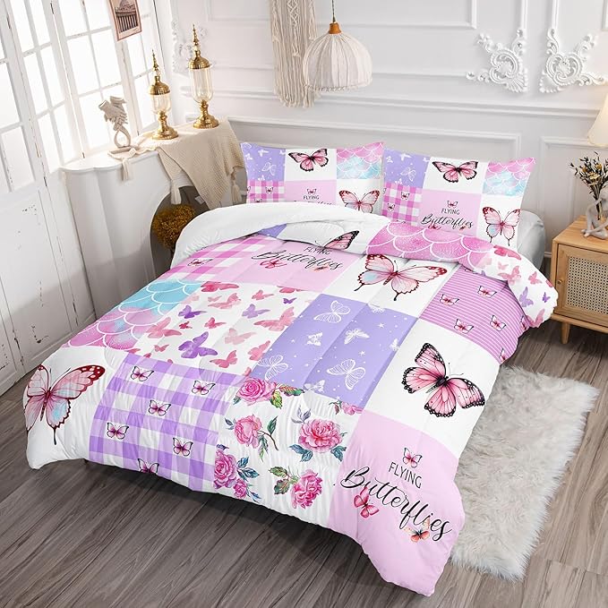 Kids Comforter Set Mermaid Scale Butterfly Printed Pattern Bedding Set with 1 Comforter and 2 Pillowcases for Girls Boys Bedroom All Season(Mermaid1 Queen)