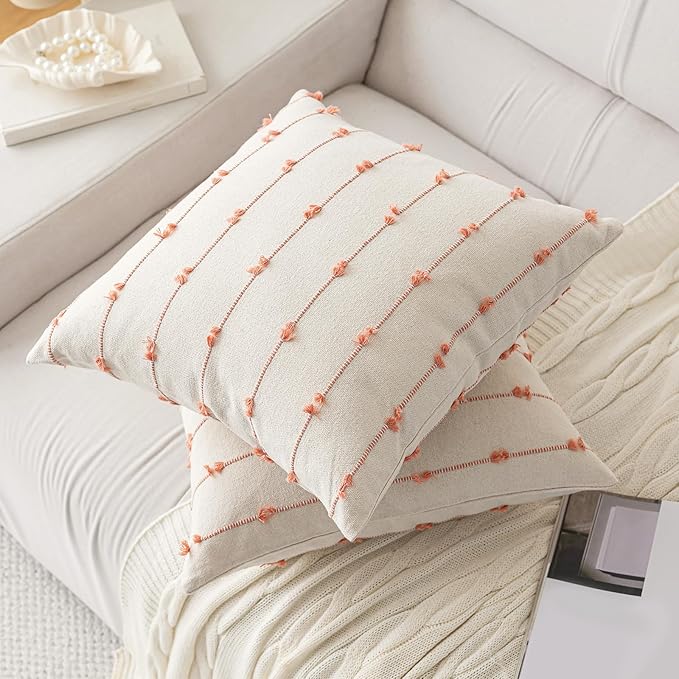 Boho Throw Pillow Covers 18x18 Set of 2 Modern Farmhouse Decorative Cushion Case Tufted Linen Square Pillows Cover Neutral Pillow Cases Accent Pillowcase for Sofa,Couch,Bed,Beige and Pink