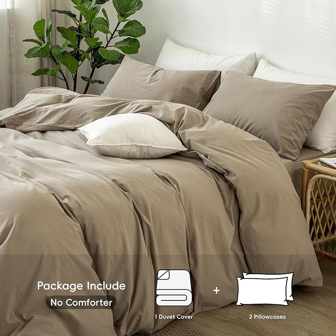 MooMee Bedding Duvet Cover Set 100% Washed Cotton Linen Like Textured Breathable Durable Soft Comfy (Solid Light Camel, Palatial King/Oversized King 120"x98")
