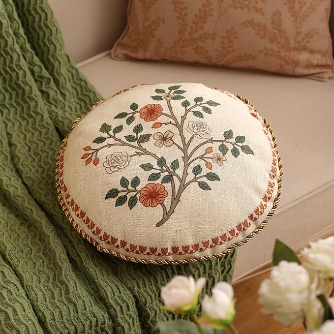 Design Linen Classic Throw Pillow Covers Diameter 16" Pack of 2, French Farmhouse Round Cushion Covers with Orange White Floral Pattern Decor Pillowcases for Bed,Living Room,Outdoor,Car