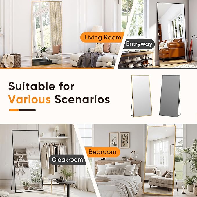Suidia Full Length Mirror, 71"x32" Floor Standing Mirror Freestanding, Full Body Mirrors with Stand for Bedroom, Hanging Mounted for Living Room Cloakroom, Gold, Rectangular Style