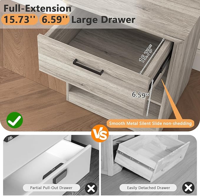 Night Stand with Charger Station, Modern Nightstand with USB Type-C Ports and AC Outlets, Large Bedside Table with Drawer and Open Storage, Wooden End Table for Bedroom (Grey, 1 Drawer)