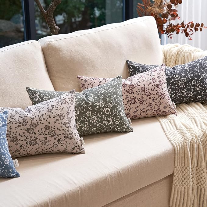 Alerfa Set of 2 Floral Lumbar Pillow Covers 12x20, Vintage Block Print Throw Pillow Covers Decorative Farmhouse Accent Couch Pillows for Living Room Bedroom, Dark Olive-Green
