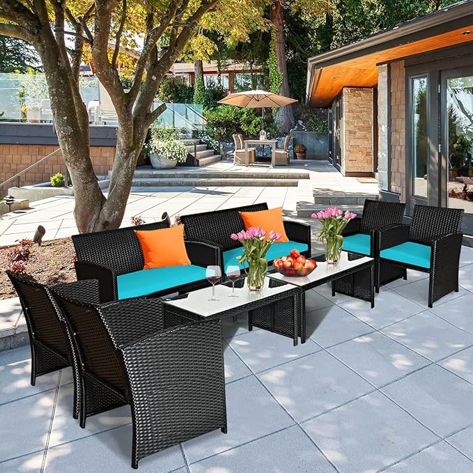 Tangkula 8 Pieces Patio Wicker Conversation Furniture Set, Patiojoy Sofa & Table Set w/4 Seats, Outdoor Rattan Sofa Set for Balcony Backyard, Wicker Chair Set with Tempered Glass Coffee Table